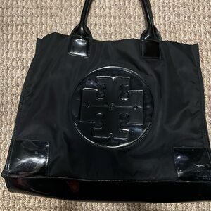 Tory Burch Black Nylon Tote with Patent Logo
